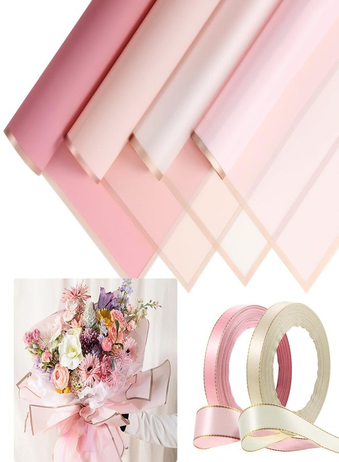 Tenare 36 Pieces Valentine's Day Waterproof Flower Wrapping Paper Frosted Bouquet Wrapping Paper and 50 Yards Double Face Satin Ribbon for Romantic Bouquet Supplies(Romantic Color) - Image 1